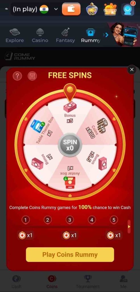 Free spins lucky wheel feature on the Rs9 game app offering bonuses and cash prizes.