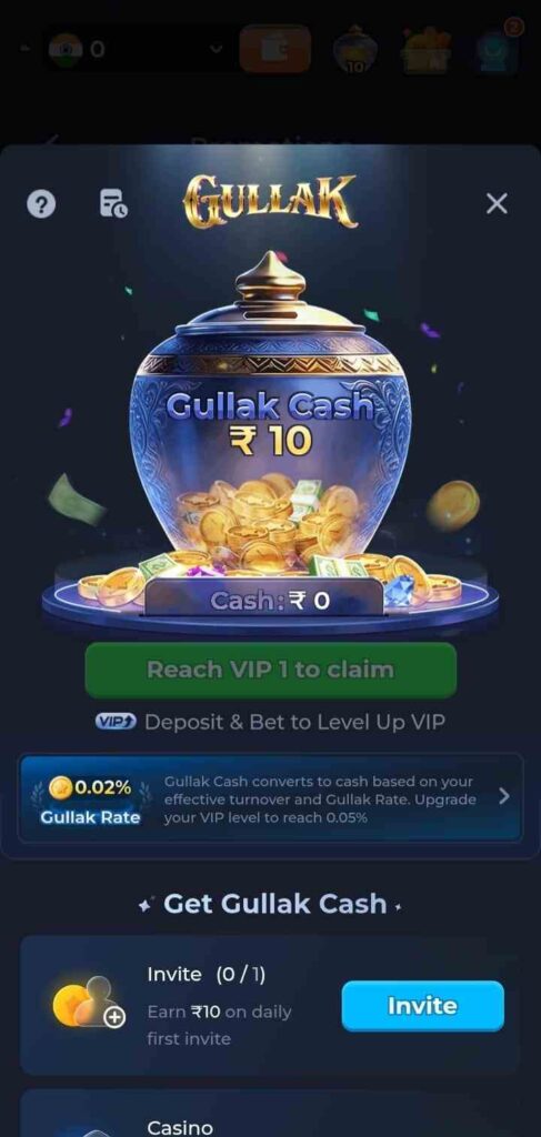 Gullak cash piggy bank feature on the Rs9 game app with VIP level rewards.