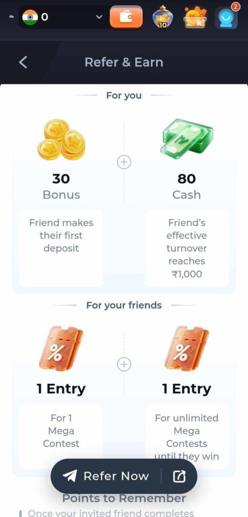 Refer and earn breakdown showing bonus and cash rewards for friend sign-ups on Rs9 app.