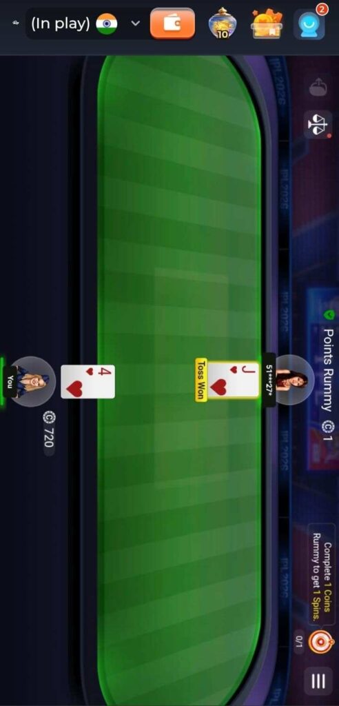 Rs9 game official app active table gameplay showing live IPL rummy cards match.