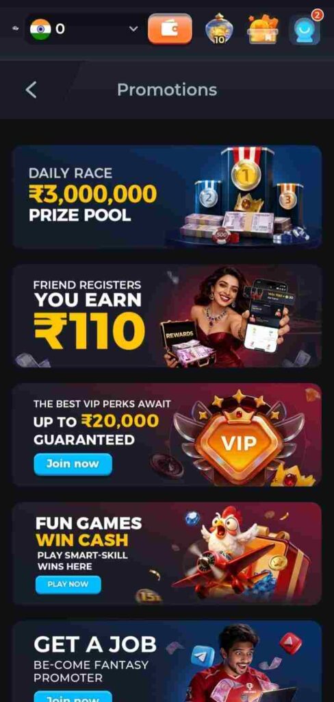 Promotions menu on the Rs9 game app featuring daily races and VIP rewards.