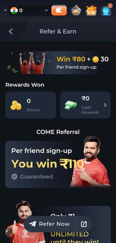 COME referral dashboard on the Rs9 game app showing guaranteed per friend sign-up earnings.